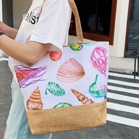 Cute beach-theme canvas tote bag, NWT - Picture 2 of 2